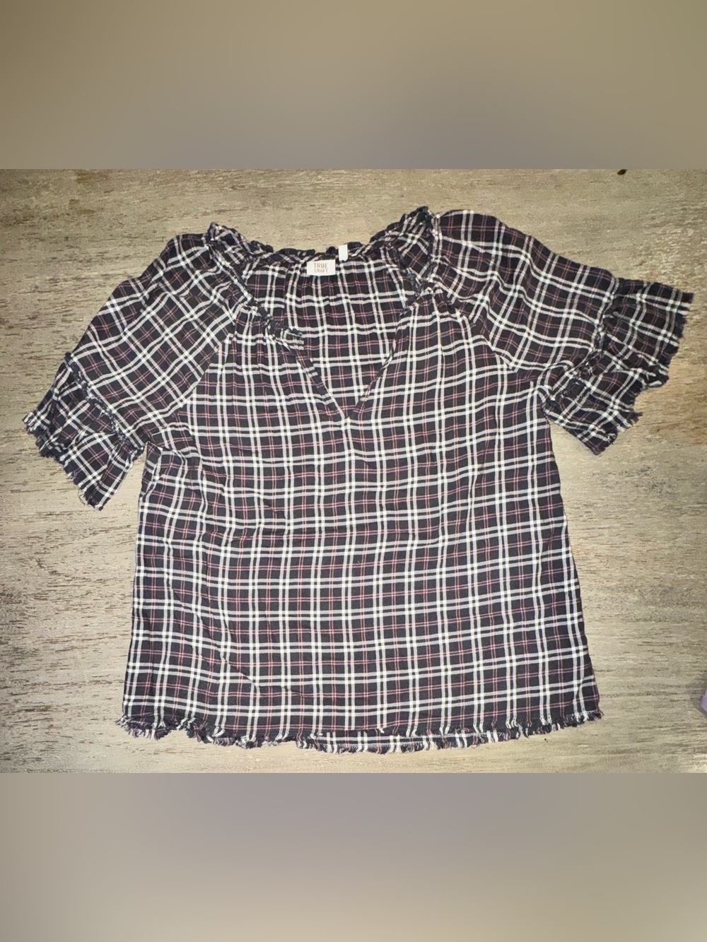 True Craft Black & White Plaid Short-Sleeve Blouse